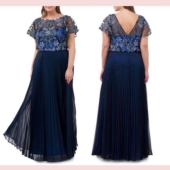 NEW $298 JS COLLECTIONS [ 22W ] Embroidered Illusion Bodice‎ Pleated Gown - Picture 1 of 13